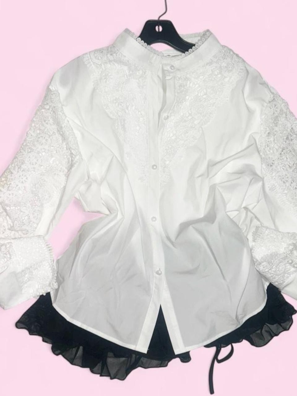 Coquette White Lace-Sleeve Button Down Shirt